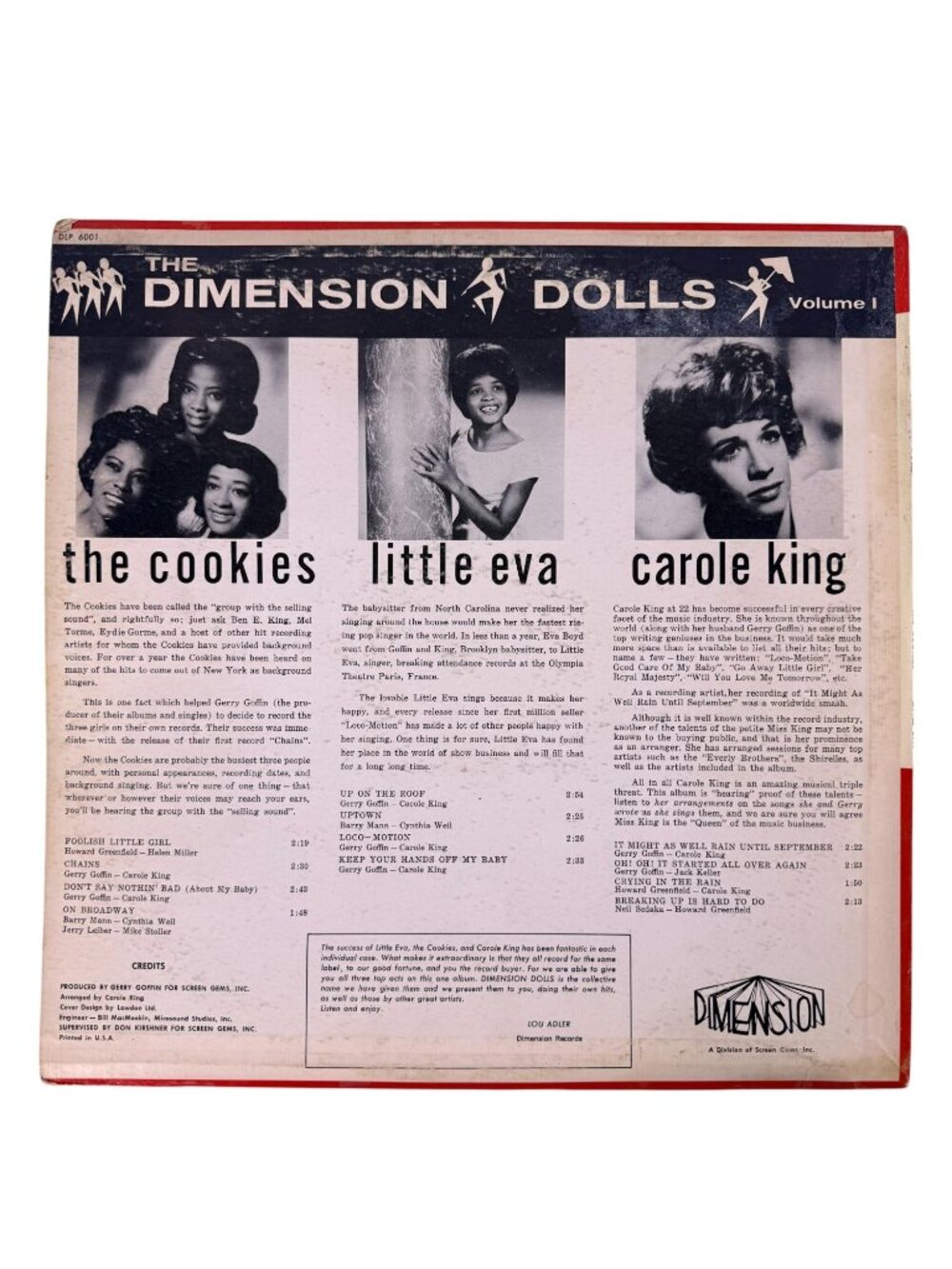 Rare Dimension Dolls Carole King The Cookies Little Eva 1963 DLP 6001 Vinyl VG+ - Picture 5 of 10